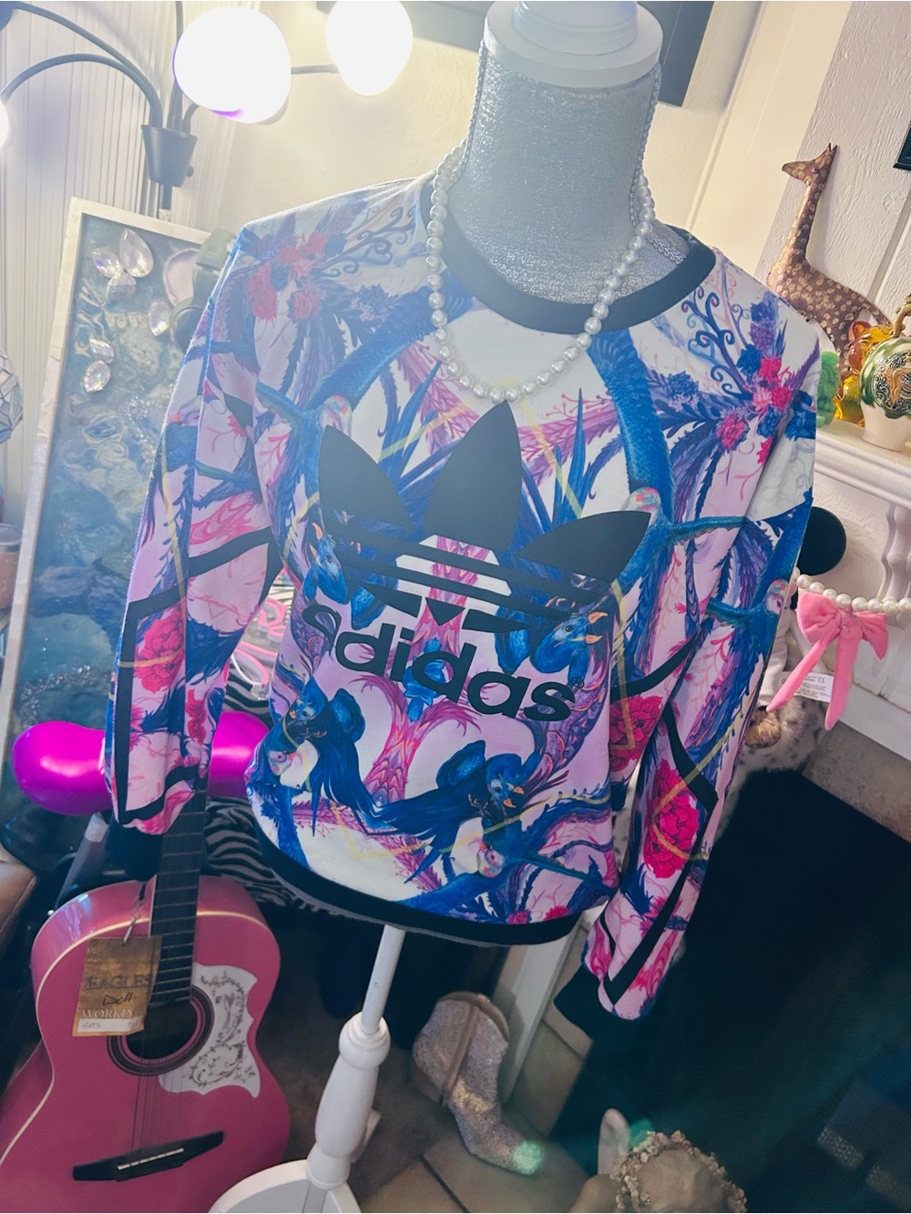 adidas Pink, Blue & Black Tropical Graphic Crew Sweatshirt